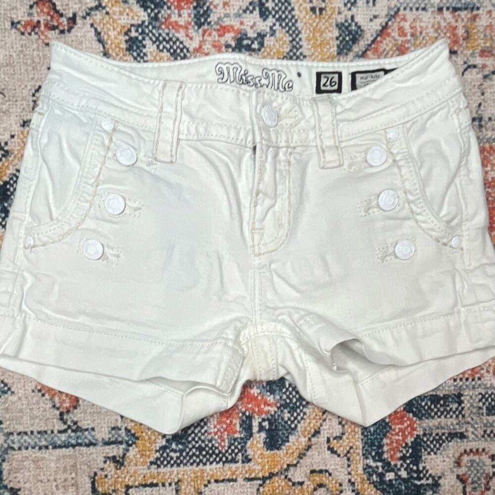 Miss Me White Mid-Rise Sailor Button Detail Denim Shorts Size 26 Y2K
